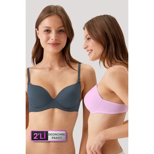 Pierre Cardin 2'li  Paket 6805 O. Pink Antrasit Balenli Push Up Micro Tshirt Sütyen Set (Tak Çıkar Askılı)