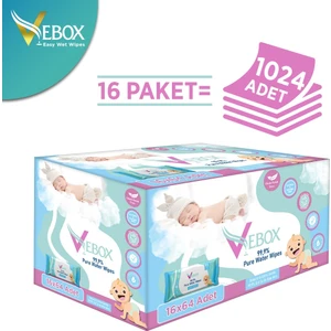 Pure Water Wipes Yenidoğan Islak Bebek Bakım Havlusu 64'lü X16 (1024 Yaprak)