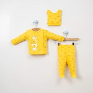 ZR Accessory Ayıcık Desenli 3'lü Pamuklu Eldivenli Patikli Şapkalı Turkuaz Renk Bebek Zıbın Takımı