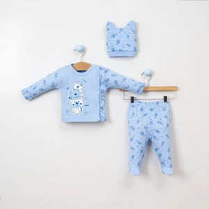 ZR Accessory Ayıcık Desenli 3'lü Pamuklu Eldivenli Patikli Şapkalı Turkuaz Renk Bebek Zıbın Takımı