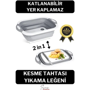 Katlanabilir Bulaşık Yıkama Leğeni Süzgeçli Kesme Doğrama Tahtası ve Akordiyon Tıpalı Badya 1 Adet