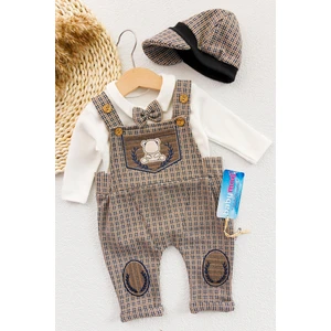 Vintage Desenli Şapkalı Erkek Bebek Tulum Salopet Takım