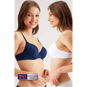 2'li Ekonomik Paket Beyaz Lacivert 6804 Lens Balenli Desteksiz Micro T-Shirt Sütyen Set