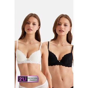 Pierre Cardin 2'li Ekonomik Paket Siyah-Ekru 4731001-2 Rome Balenli Soft Push Up Dantelli Sütyen Set