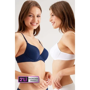 Pierre Cardin 2'li Ekonomik Paket 6805 Beyaz Lacivert Balenli Push Up Micro Tshirt Sütyen Set (Tak Çıkar Askılı)