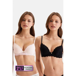 Pierre Cardin 2'li Ekonomik Paket Pudra-Siyah 4731001-2 Rome Balenli Soft Push Up Dantelli Sütyen Set