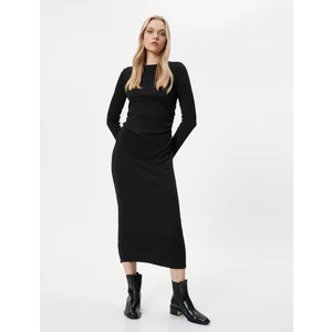 Midi Elbise Bisiklet Yaka Uzun Kollu Slim Fit