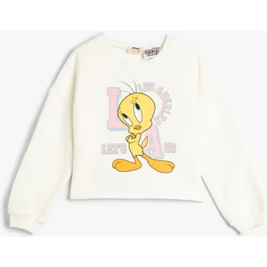 Crop Sweatshirt Tweety Baskılı Lisanslı Şardonlu Sim Baskı Detaylı