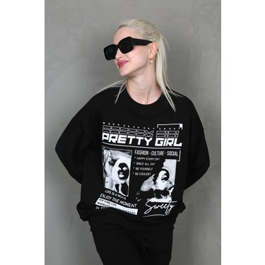 Madmext Siyah Baskılı Oversize Kadın Sweatshirt