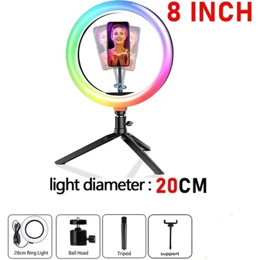 Ganbao 8 Inch1 Aamasun Kısılabilir Rgb LED Selfie Halka Dolgu Işığı Fotoğraf Halka Lambası Makyaj