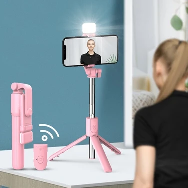 Ganbao Styl A LED Pembe Tripod Selfie Çubuklu Halkalı Cep Telefonu Tutucu Için LED Işık Standı