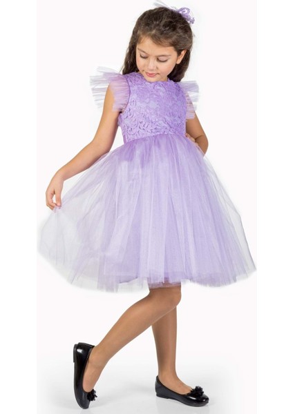 Roza Dantel Tütü Kız Çocuk Abiye Elbise MNK0546 - Lila - 5 Yaş