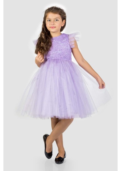Roza Dantel Tütü Kız Çocuk Abiye Elbise MNK0546 - Lila - 5 Yaş fırsatları
