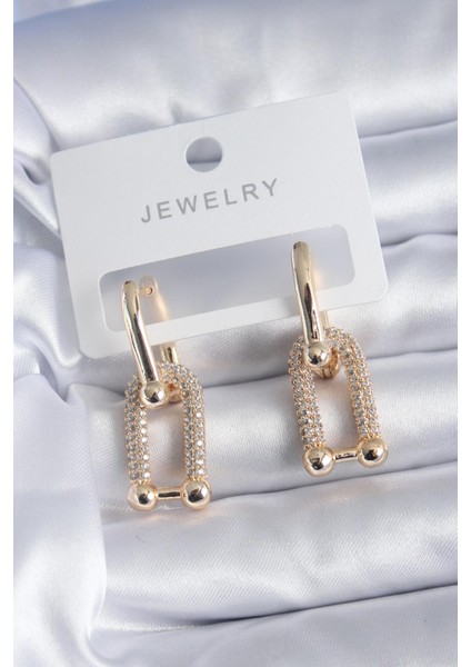 E-Bijuteri Gold Renk Zirkon Taşlı Pirinç Kadın Küpe