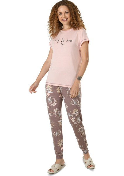 Kadın Açık Pembe Baskılı Yarım Kol Viskon Pijama Takımı 10121