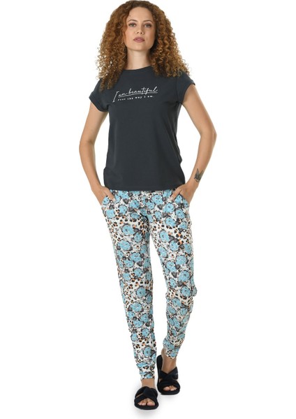 Kadın Füme Baskılı Yarım Kol Viskon Pijama Takımı 10120