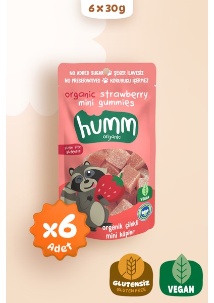 Humm Organic - Organik Glutensiz Vegan Çilekli Mini Küpler Atıştırmalık Paketi - 6 Adet