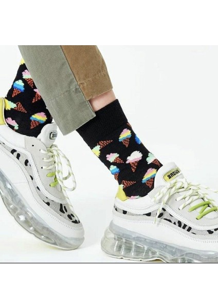 Dondurma Desenli Siyah Renkli Kolej Çorap