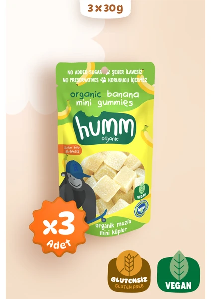 Humm Organic - Organik Glutensiz Vegan Muzlu Mini Küpler Atıştırmalık Paketi - 3 Adet