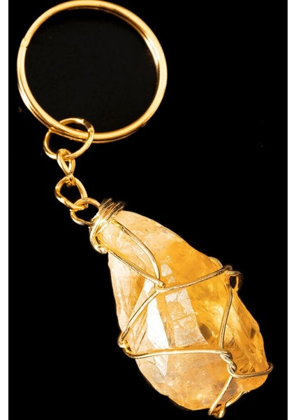 Sertifikalı Tel Sargılı Ham Işlenmemiş Sitrin Taşı Anahtarlık