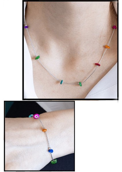 Sertifikalı Renkli Sedef Taşlı Doğal Taş Kolye Bileklik Seti