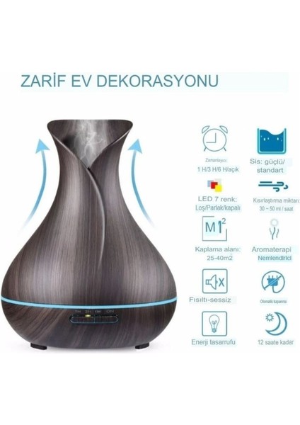 550 ml Ultrasonik Aroma Difüzörü 7 Renk LED Işıklı Aromatik Oda Kokusu Vazo Hava Nemlendirici