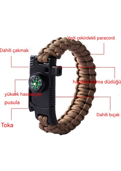 5'i 1 Arada Dış Mekan Çok Fonksiyonlu Paracord Yangın Bıçağı Pusula Acil Durum Bileziği (Yurt Dışından)