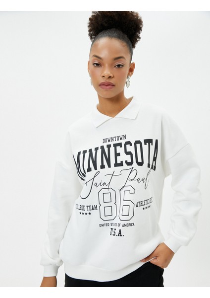 Polo Yaka Sweatshirt Oversize Kolej Temalı Baskılı Pamuk Karışımlı