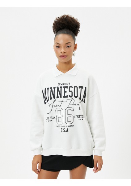 Polo Yaka Sweatshirt Oversize Kolej Temalı Baskılı Pamuk Karışımlı