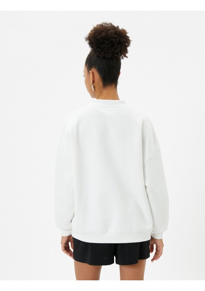 Polo Yaka Sweatshirt Oversize Kolej Temalı Baskılı Pamuk Karışımlı