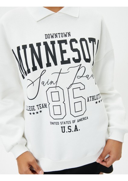 Polo Yaka Sweatshirt Oversize Kolej Temalı Baskılı Pamuk Karışımlı