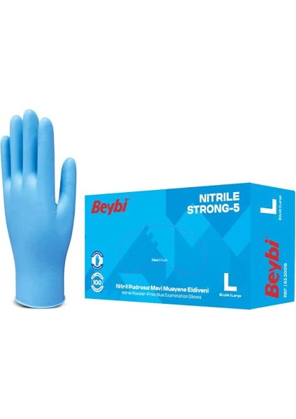 Strong-5 Pudrasız Mavi Nitril Muayene Eldiveni 100 Adet L