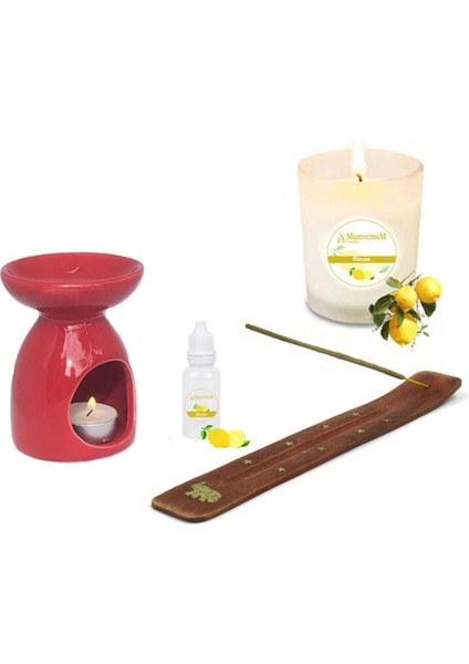 Limon Kokulu Set Kırmızı Buhurdanlık Tütsü ve Mum