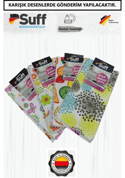 Mikrofiber Mutfak Temizlik Bezi 4 Adet 32X32 cm Karma Desenler Suff Alman Kalitesi