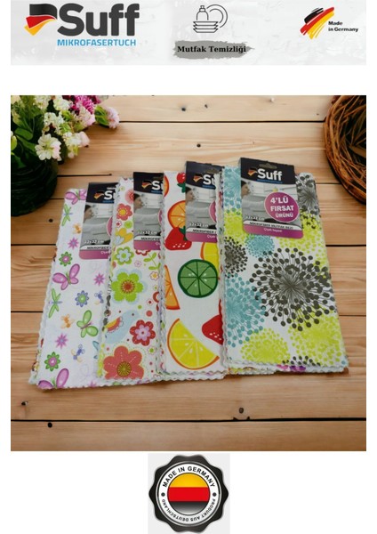Mikrofiber Mutfak Temizlik Bezi 4 Adet 32X32 cm Karma Desenler Suff Alman Kalitesi fiyatları