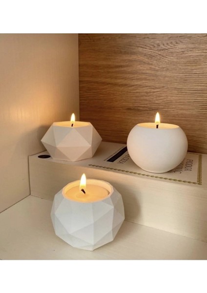 Tealight Beton Mumluk 3 Lü Set, Dekoratif Hediyelik Ham Beyaz