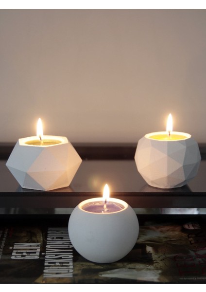 Tealight Beton Mumluk 3 Lü Set, Dekoratif Hediyelik Ham Beyaz