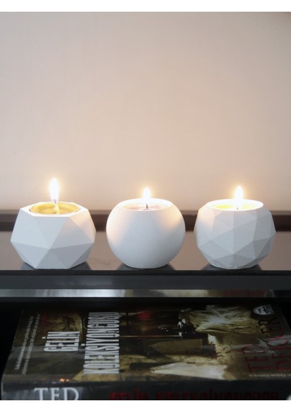 Tealight Beton Mumluk 3 Lü Set, Dekoratif Hediyelik Ham Beyaz