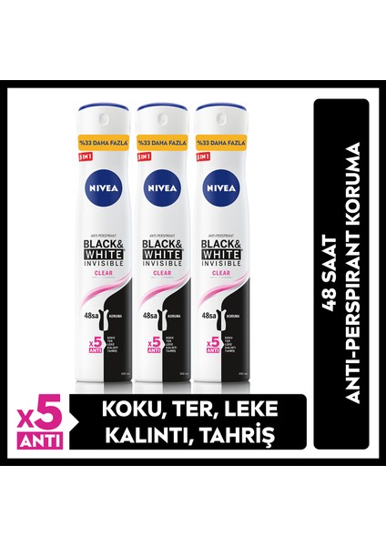 Kadın Sprey Deodorant Black & White Invisible Clear 48 Saat Anti-Perspirant Koruma 200 ml x 3 Adet