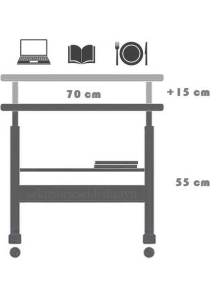 Sekizinci Cadde Yükseklik Ayarlı ve Çift Raflı Laptop Sehpası ve Çalışma Masası - Çam Beyaz (Tekerli) 70X40