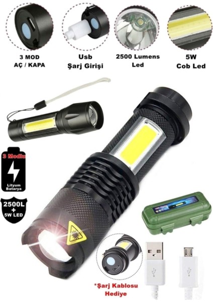 Ultra Güçlü 600 Lumens +3W Cob LED USB Şarjlı El Feneri Kutulu Kamp Feneri Avcılık Feneri