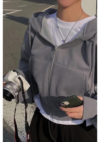 Füme Crop Top Kalın Kumaş Fermuarlı Unisex Kapüşonlu Sweatshirt