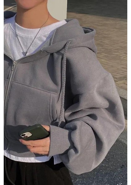 Füme Crop Top Kalın Kumaş Fermuarlı Unisex Kapüşonlu Sweatshirt fiyatları