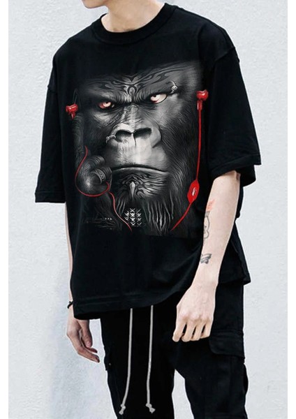 Siyah Goril Oversize Büyük Baskılı T-Shirt