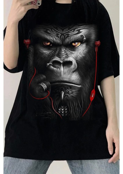 Siyah Goril Oversize Büyük Baskılı T-Shirt