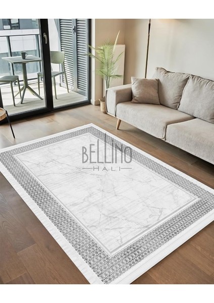 Bellino Halı Yıkanabilir Halı Kaymaz Taban Bambu Halı Pamuk Dokuma Kilim Şerit Çerçeve Desenli Salon Halısı Mutfak Halısı ve Yolluk