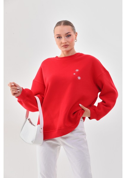 Kalın Kışlık Oversize Basic Bisiklet Yaka Kar Tanesi Baskılı Kırmızı Yılbaşı Sweatshirt