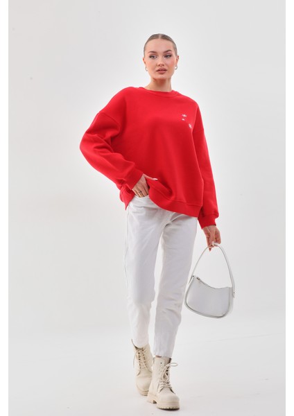 Kalın Kışlık Oversize Basic Bisiklet Yaka Kar Tanesi Baskılı Kırmızı Yılbaşı Sweatshirt