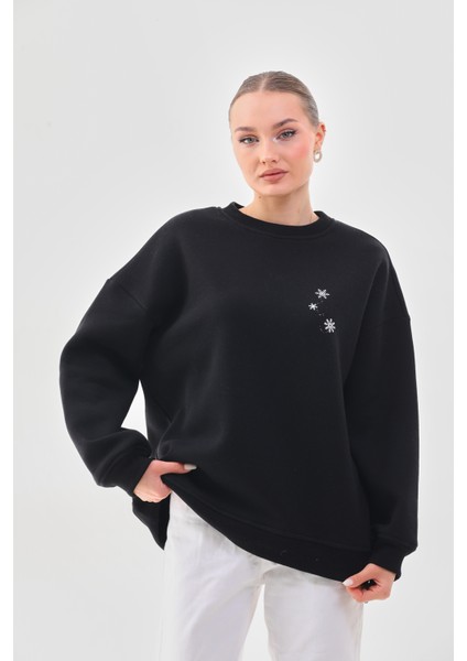 Kalın Kışlık Oversize Basic Bisiklet Yaka Kar Tanesi Baskılı Siyah Yılbaşı Sweatshirt