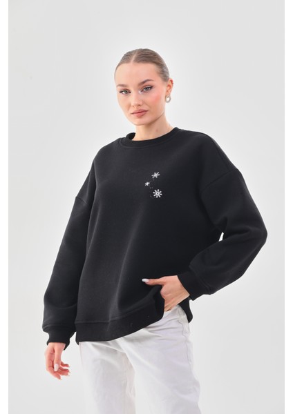 Kalın Kışlık Oversize Basic Bisiklet Yaka Kar Tanesi Baskılı Siyah Yılbaşı Sweatshirt